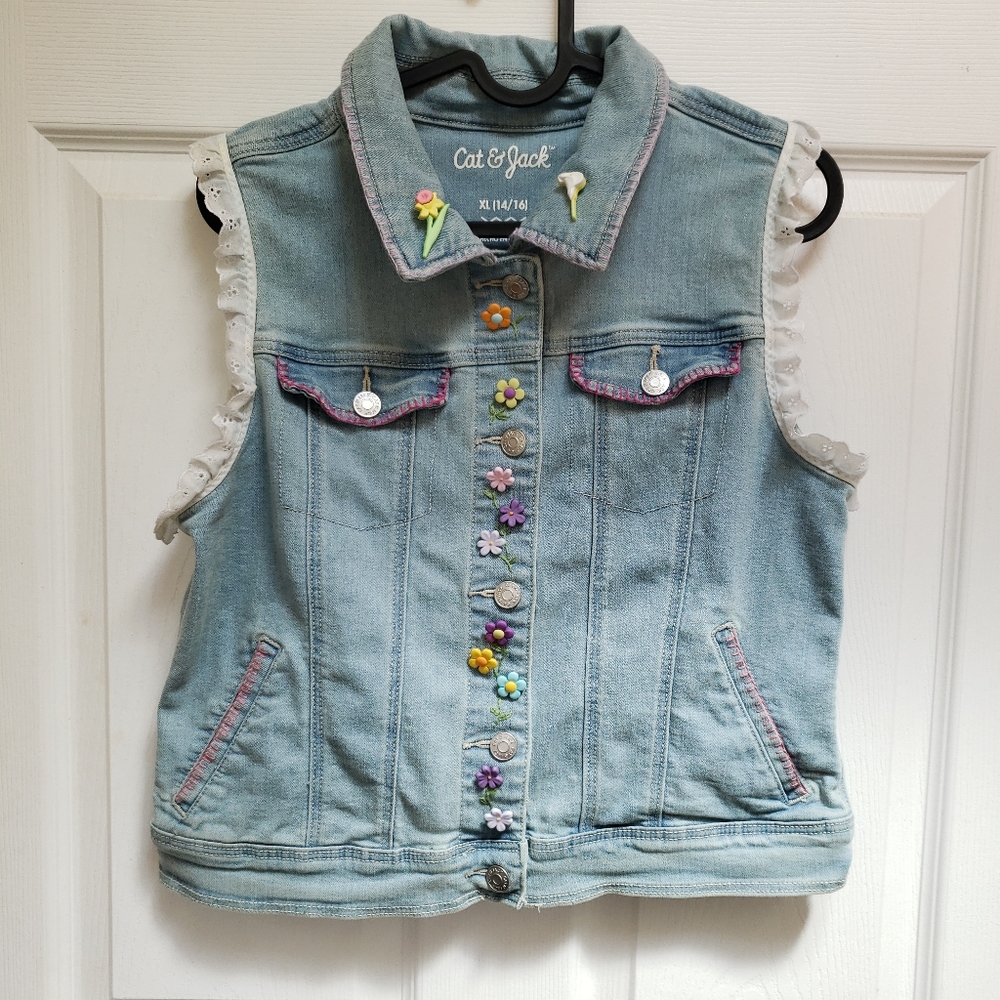 Cat & Jack Light Blue Denim Flower Eyelet Detail Button Front Vest